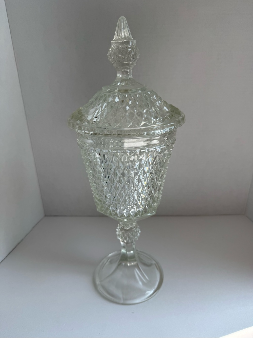 Indiana Glass Diamond Point 16” Footed Apothecary Candy Jar Vintage